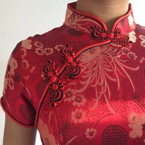 Red and Gold Floral Patterned Traditional Ankle Length Qipao/Cheongsam